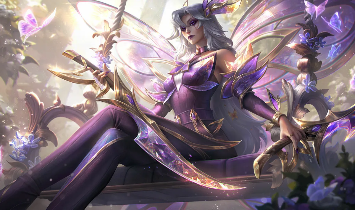 Prestige Faerie Court Katarina surrounded by pink crystal wings and curved daggers