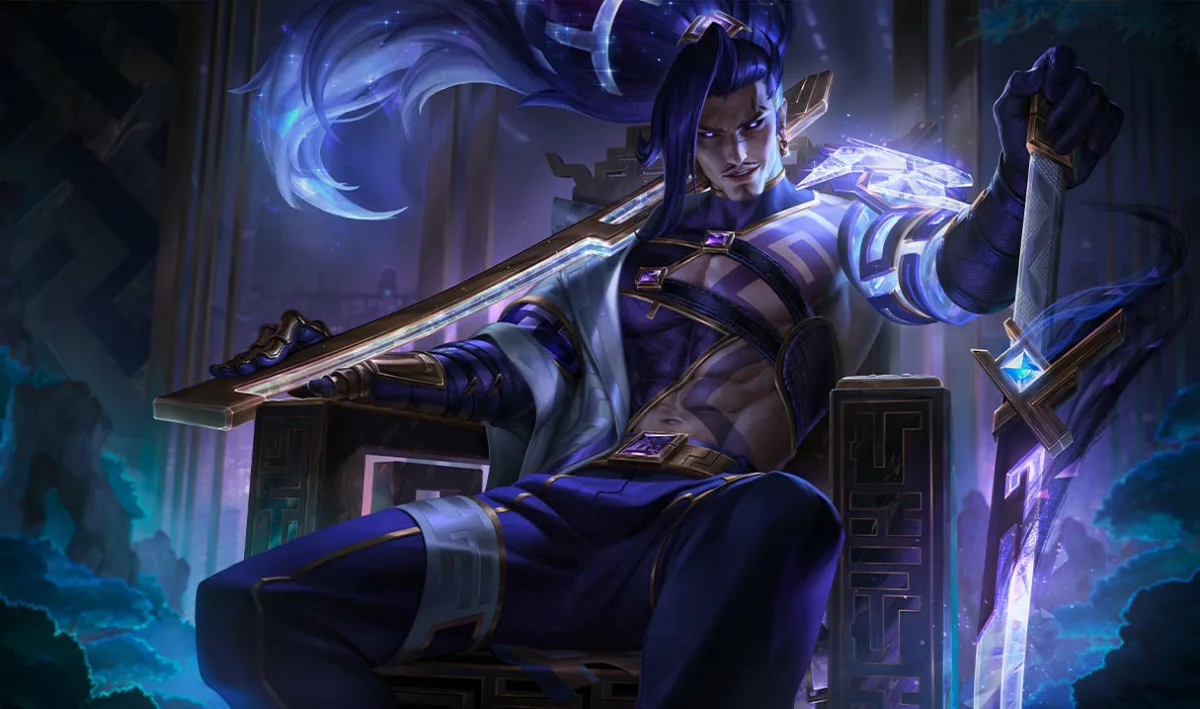 Prestige Inkshadow Yasuo seated with a blue crystal sword and translucent shoulder armor