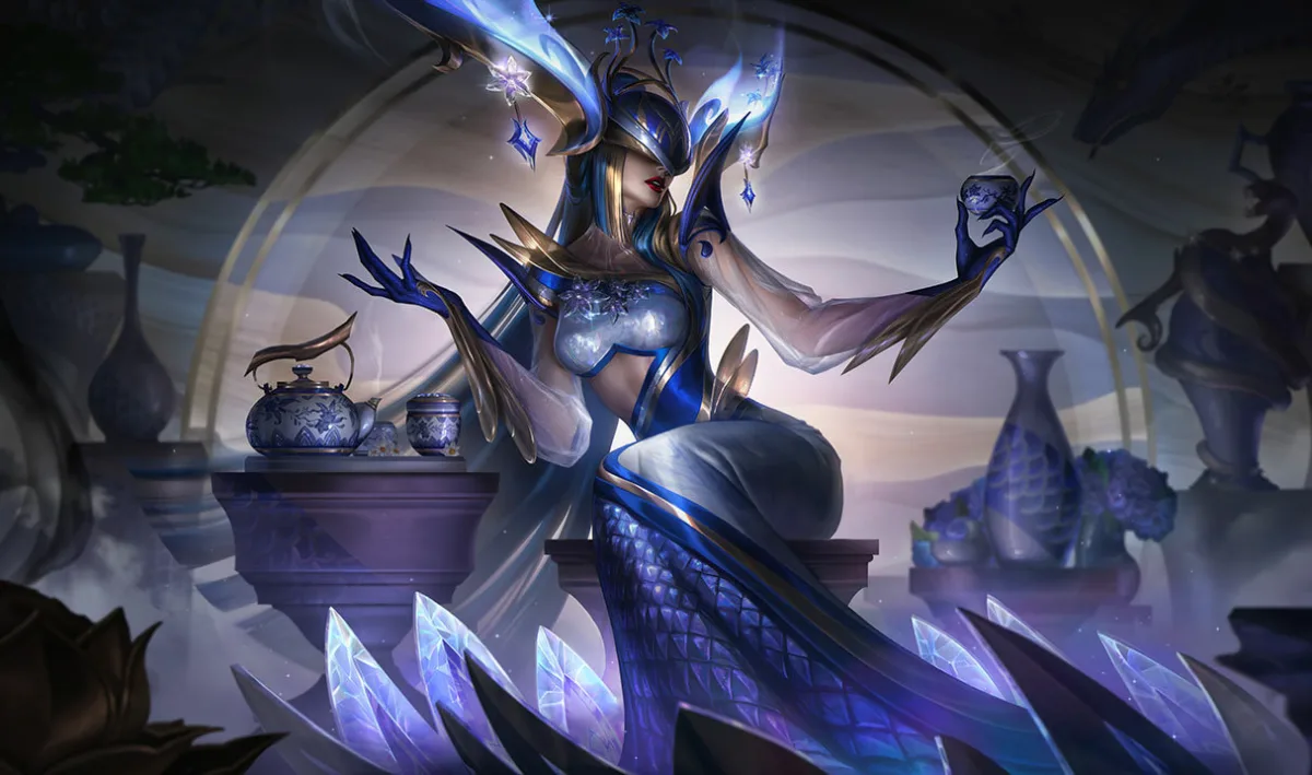 Prestige Porcelain Lissandra displaying blue porcelain armor and a ceremonial cup