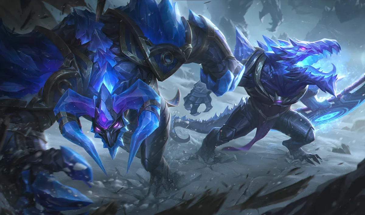 Blackfrost Renekton charging beside a large ice beast with blue crystal growths along his head and shoulders