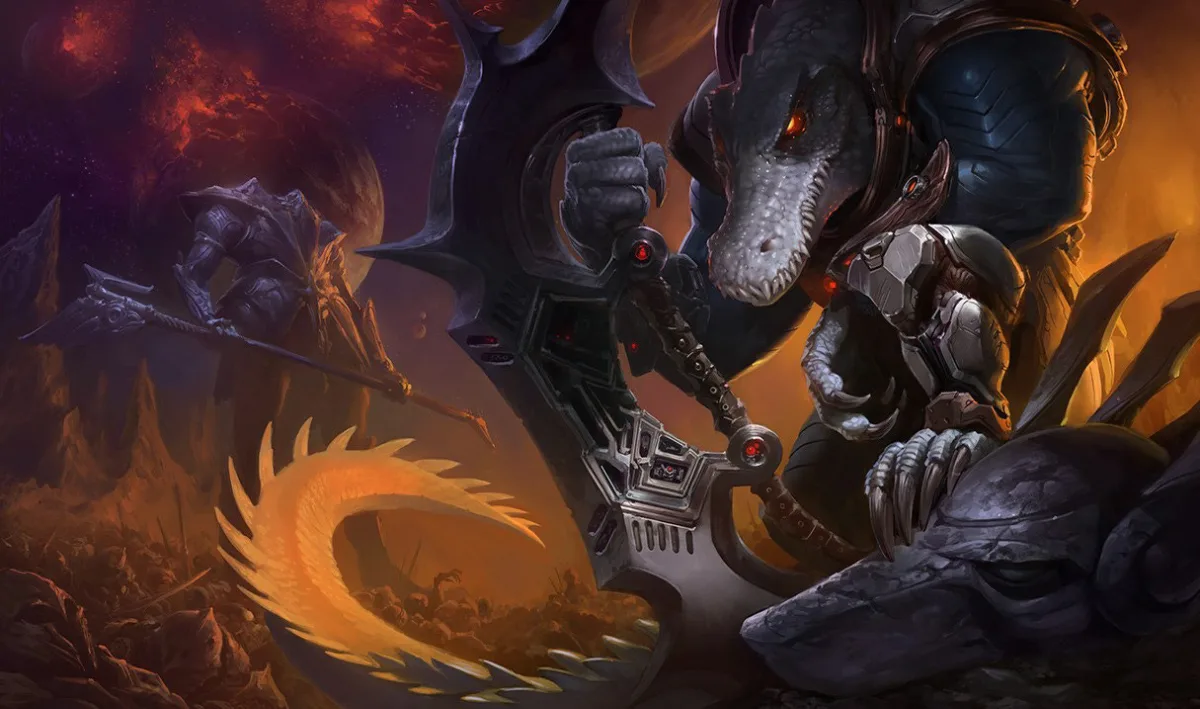 Galactic Renekton crouching in dark futuristic armor with gray scales and a broad mechanical blade