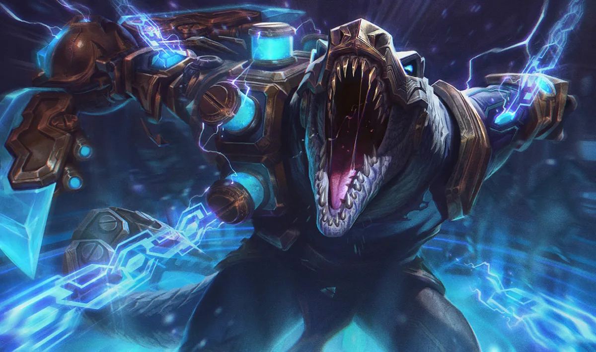 Hextech Renekton roaring amid brass machinery, blue cylinders, and glowing geometric energy