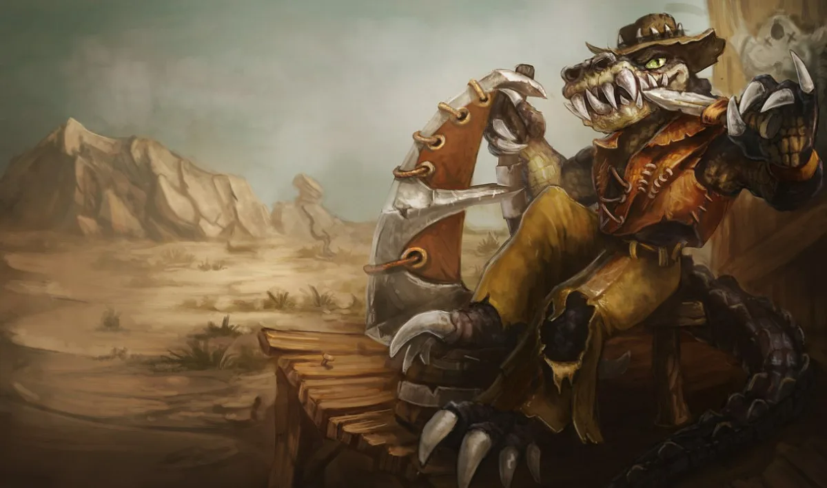 Outback Renekton resting in a dry landscape with a brown hat and leather clothing