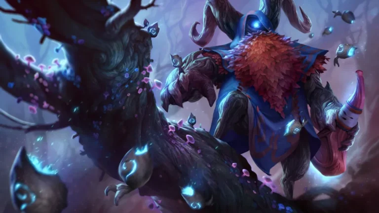 Elderwood Bard with curled wooden horns and a leafy orange beard beside glowing forest spirits
