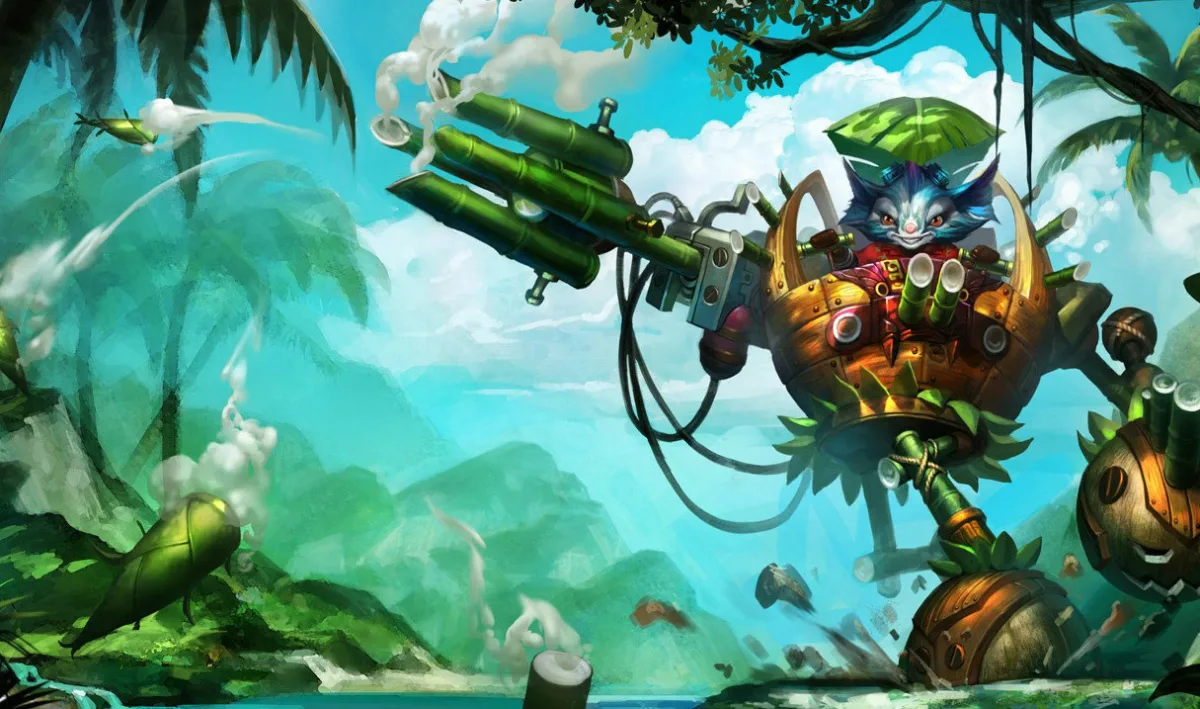 Rumble in the Jungle piloting a wooden and bamboo machine beneath broad tropical leaves