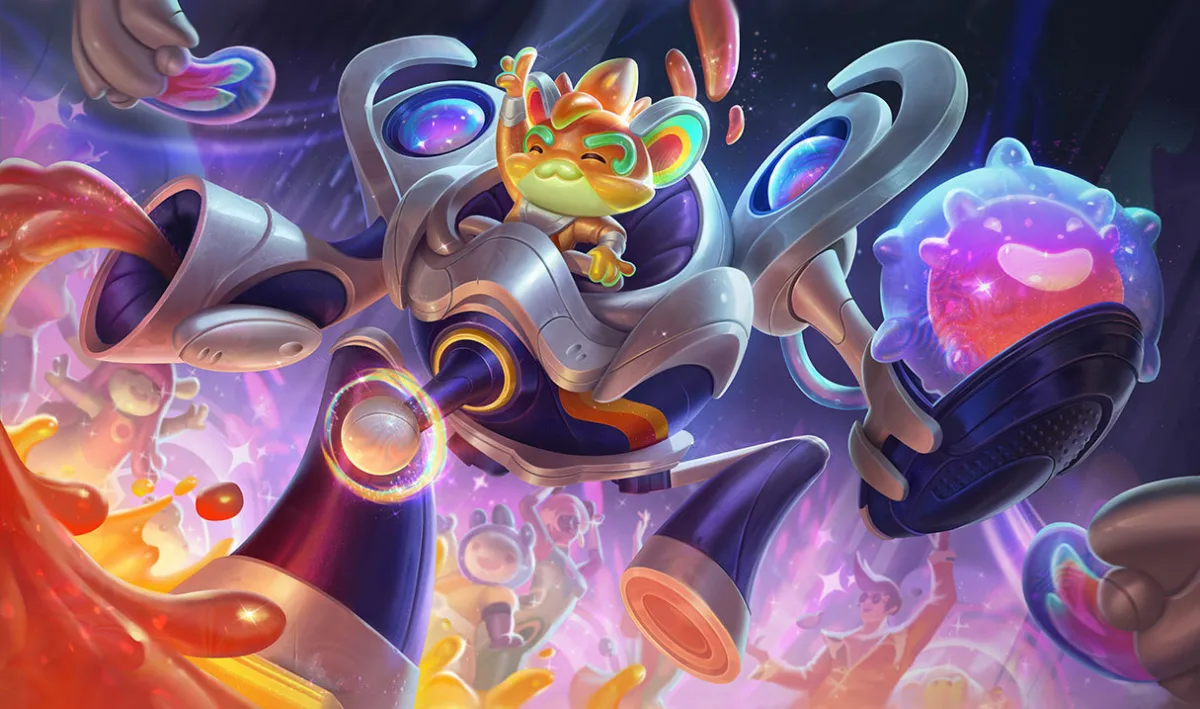 Space Groove Rumble as a small orange creature in a silver and purple robot surrounded by colorful translucent shapes