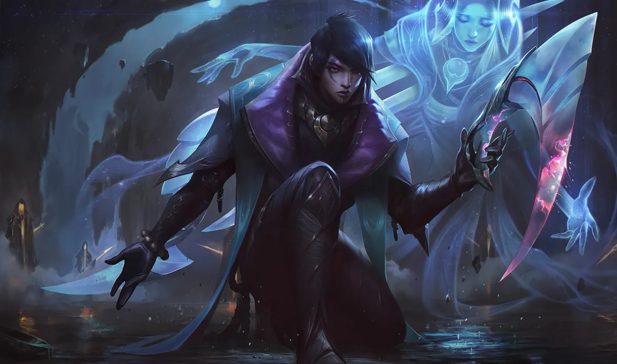 Aphelios holding a crescent-shaped weapon with a glowing image of Alune behind him