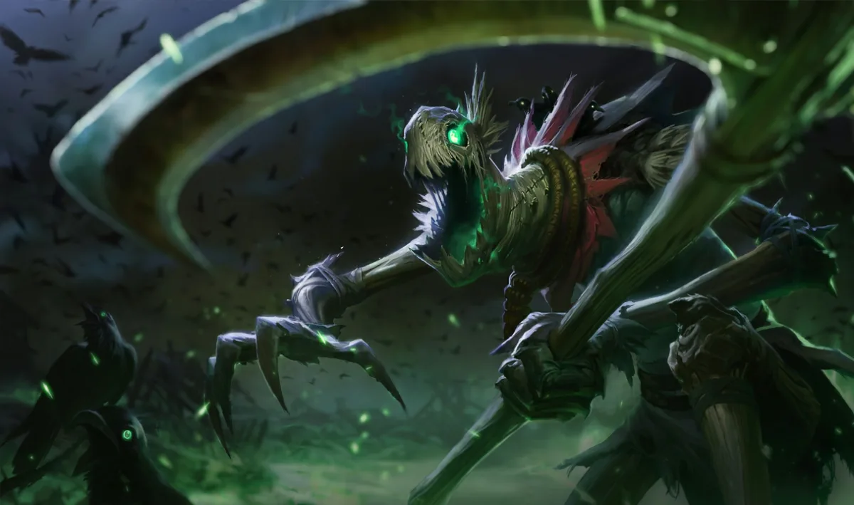 Fiddlesticks stalking through a field in official League of Legends splash art