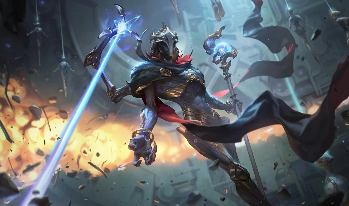 Viktor holds a glowing staff while a mechanical arm projects a blue beam above his dark cloak and metal mask.