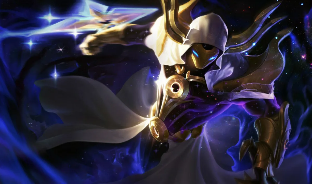 Cosmic Reaver Kassadin wears a white hood and gold mask while holding a glowing blade against a star-filled background.