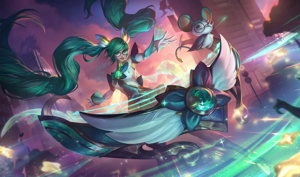 Star Guardian Sona with green twin tails and glasses beside a winged instrument and small floating companion