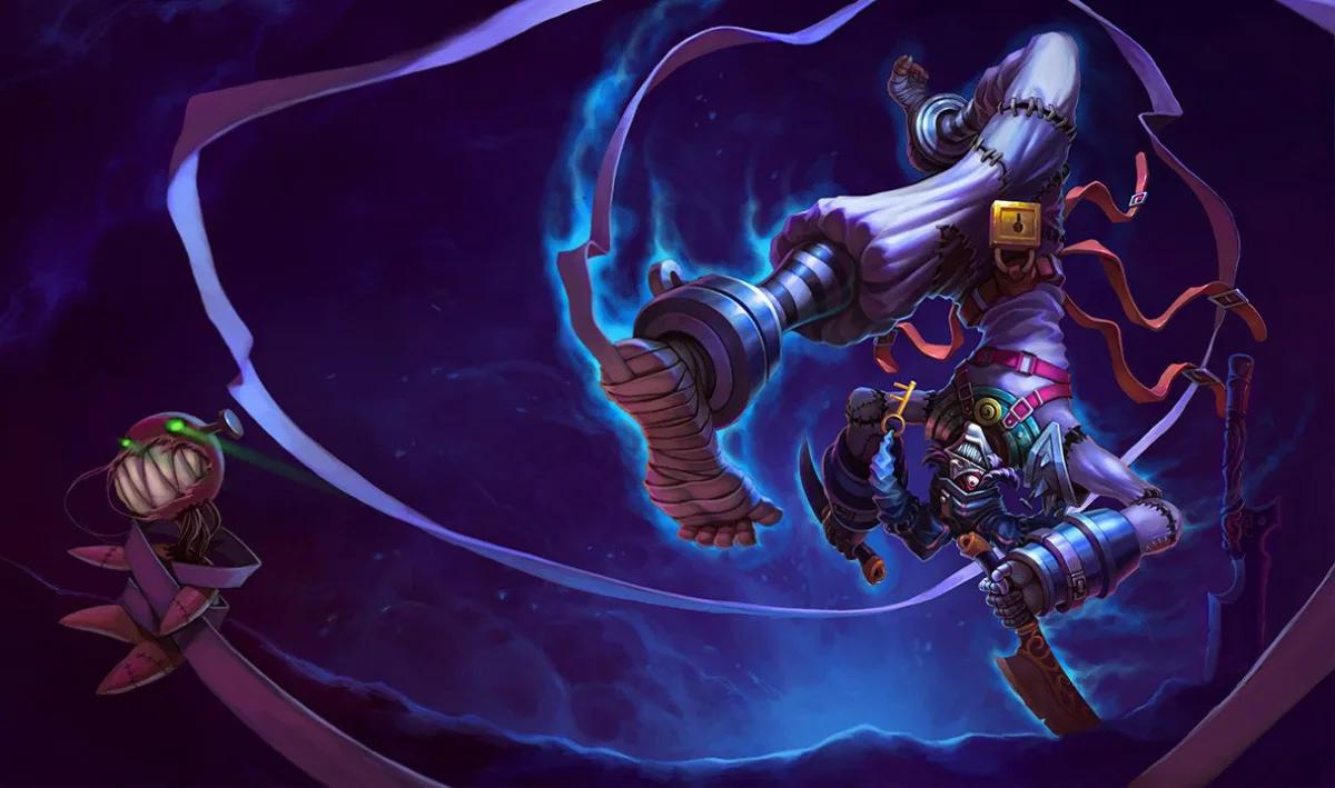 Asylum Shaco twisting through blue energy with hooked metal blades