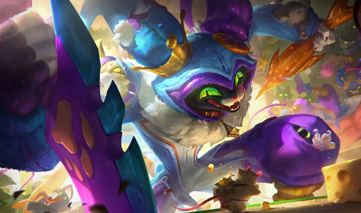 Cat-in-the-Box Shaco leaping through a colorful pet-themed scene