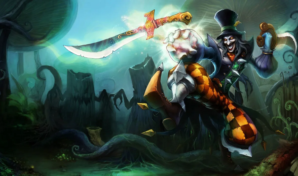 Mad Hatter Shaco at a tea party with a white rabbit and crooked teapot