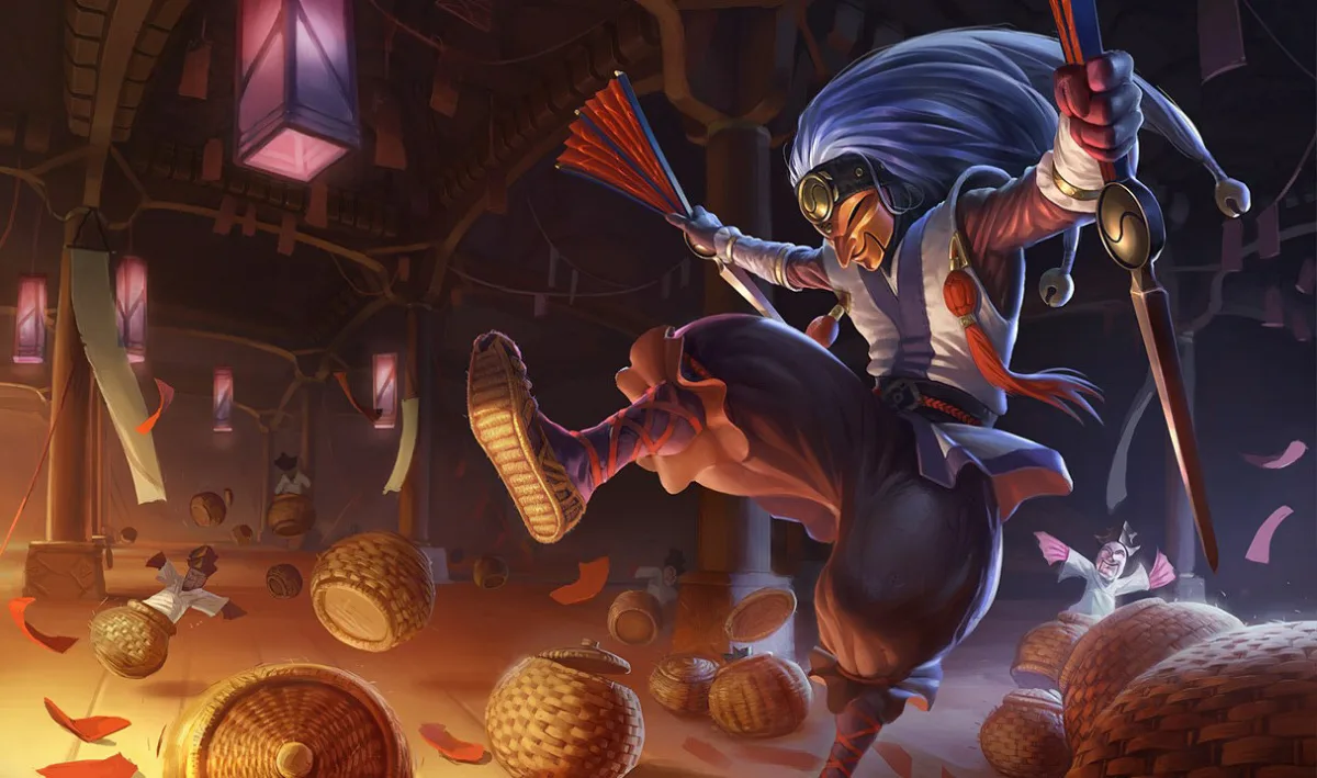 Masked Shaco tumbling in blue robes and a white mask