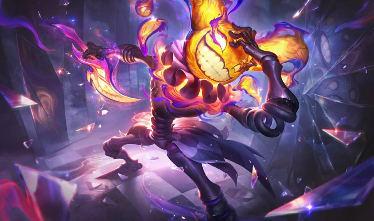 Prestige Pandemonium Shaco dancing with an orange flaming mask