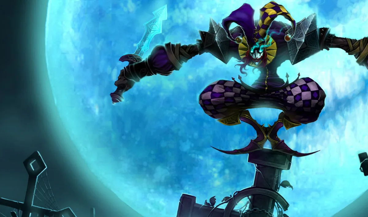 Royal Shaco balancing above a curved blade in purple court clothes
