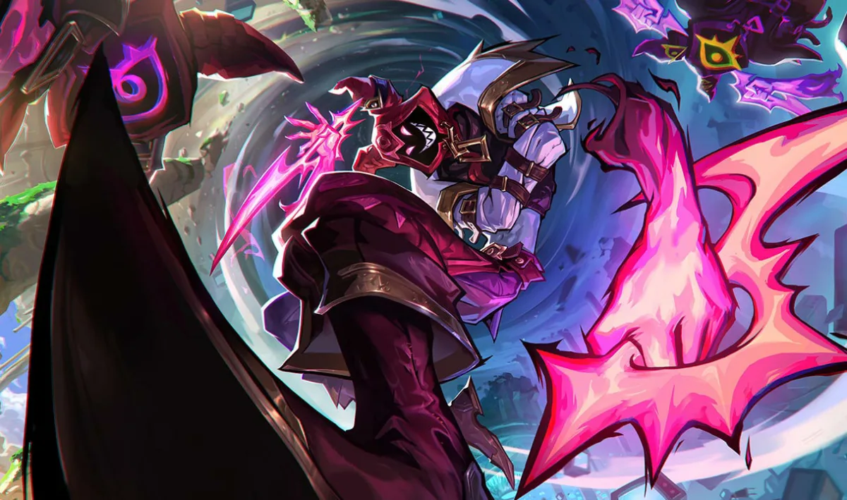 Soul Fighter Shaco posing beside pink spirit blades in an arena