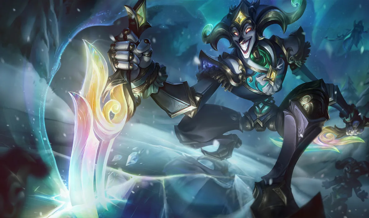 Winterblessed Shaco leaping through an icy battle beside a crystal creature