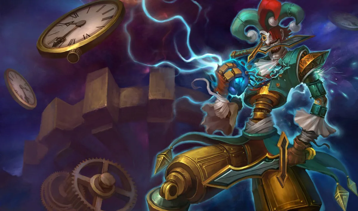 Workshop Shaco posing beside clockwork dolls and a giant pocket watch
