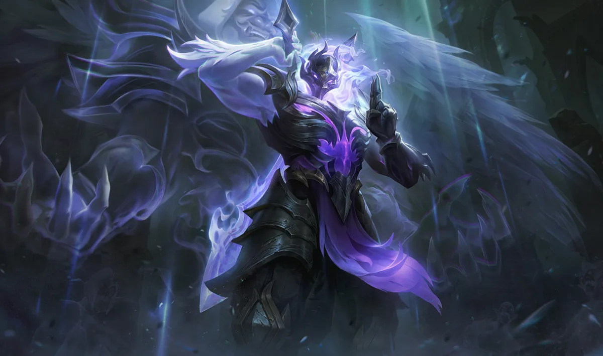 Ashen Guardian Shen in dark pointed armor with violet chest markings, a pale exposed arm, purple cloth, and a vast ghostly winged figure behind him