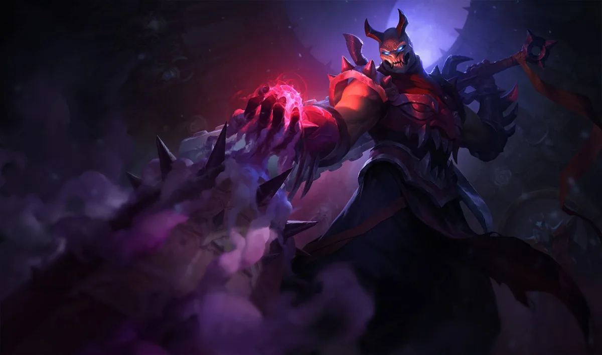 Blood Moon Shen wearing a red horned demon mask and red-and-black armor, with a broad sword and red light in his outstretched hand