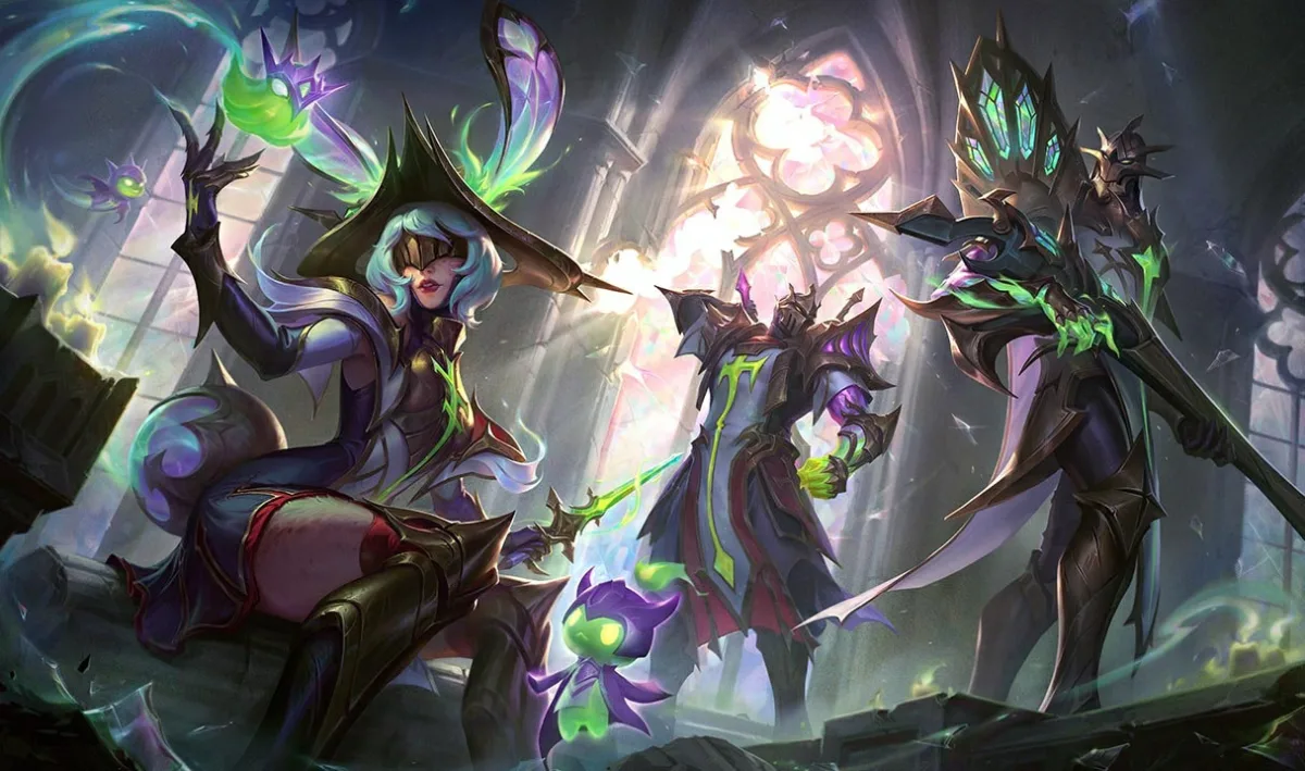 Broken Covenant Shen in the center of a shared splash, wearing dark gothic armor with purple shoulder insets and a long pale tabard marked in green