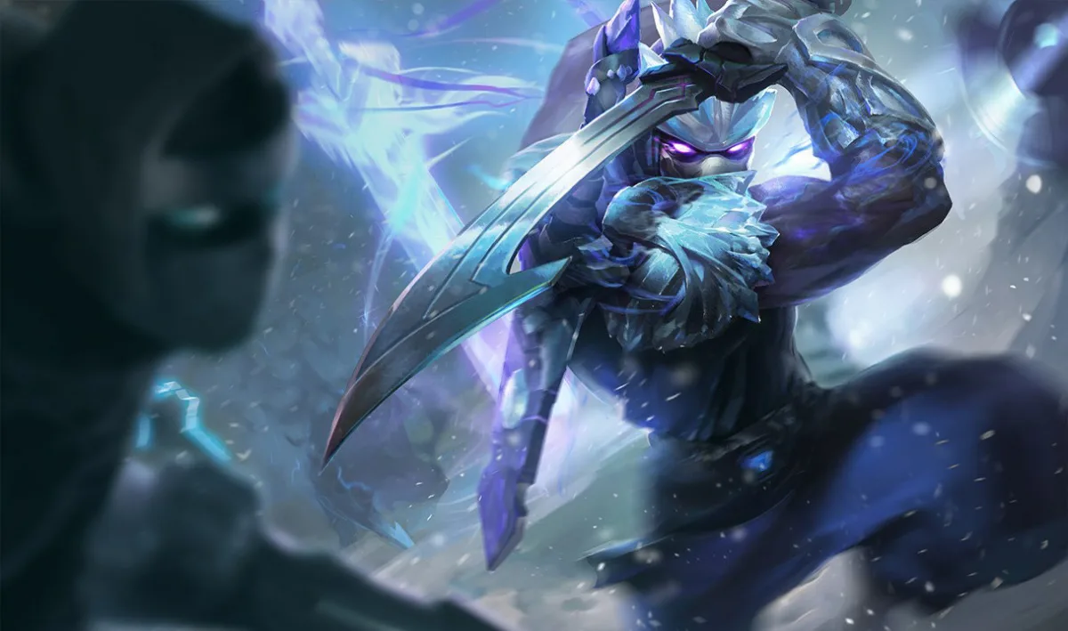 Frozen Shen with pale fur around his shoulders, blue-white armor, purple eyes, and a broad steel-colored blade in a snowy setting