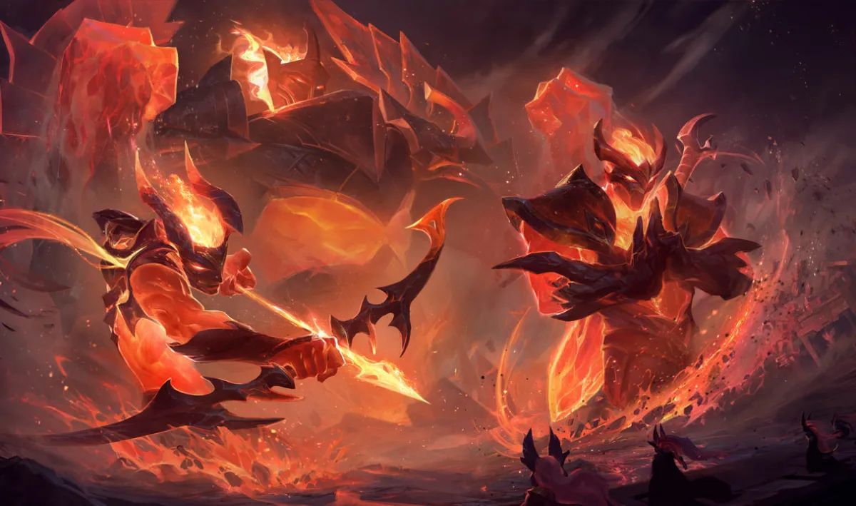 Infernal Shen on the right of a shared splash with Varus and Galio, wearing dark pointed armor over a body of flame and carrying a fiery blade