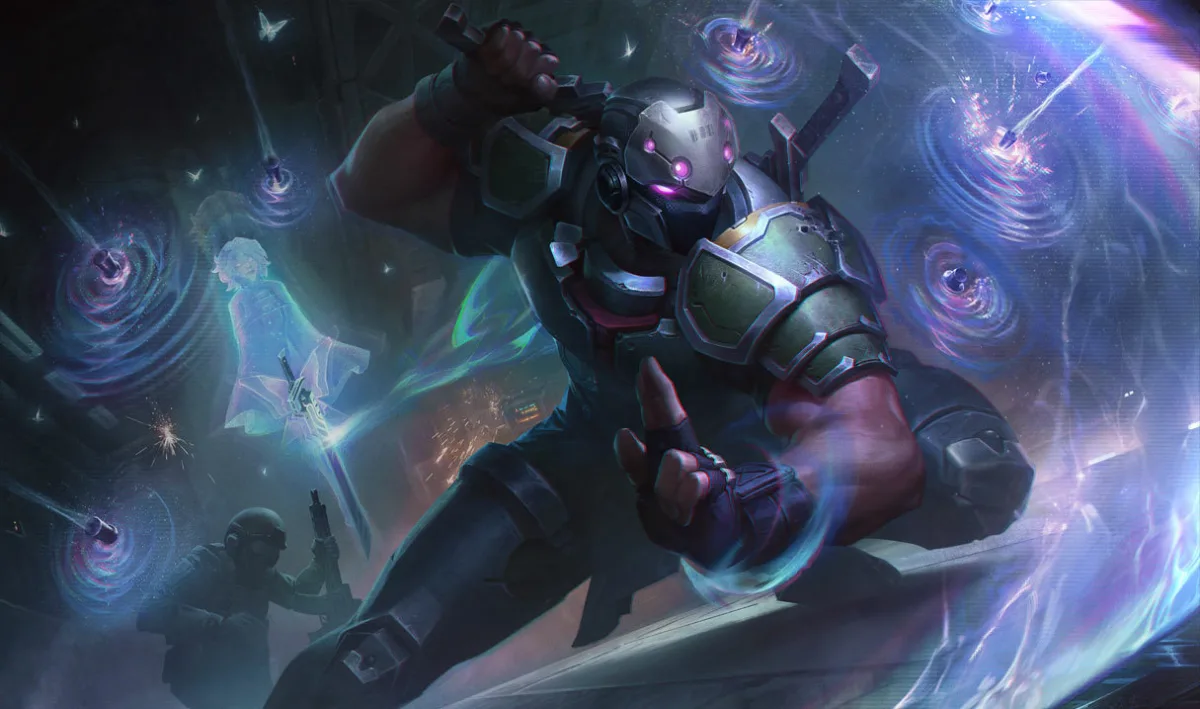 PsyOps Shen in gray military armor and a helmet with purple lenses, holding a sword beside a translucent child and an iridescent barrier