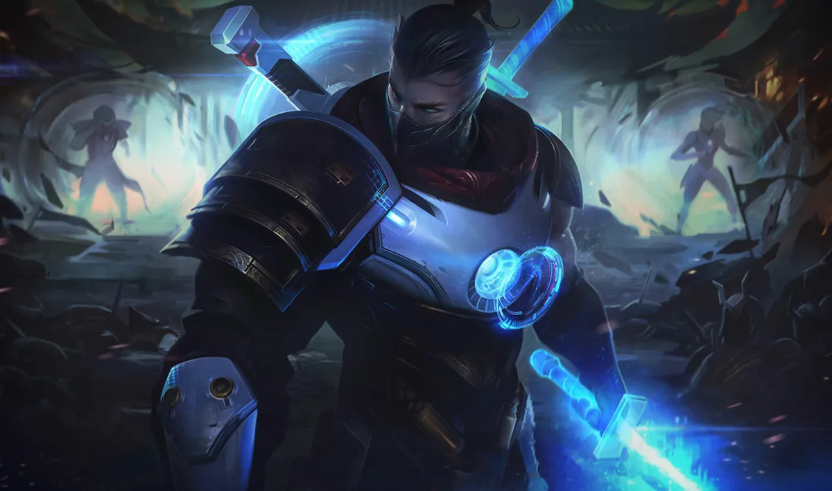 Pulsefire Shen with exposed dark hair, a lower-face mask, black-and-silver armor, a glowing blue chest mechanism, and bright blue weapons