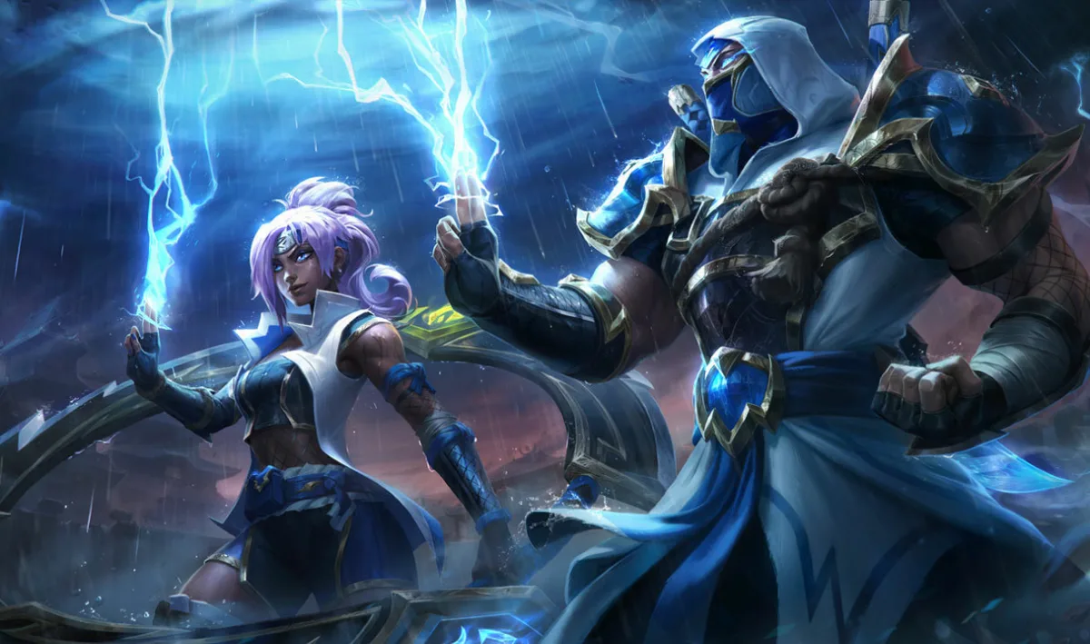Shockblade Shen on the right beside Qiyana, wearing a white hood, blue cloth, rope fastenings, and gold-edged armor beneath lightning