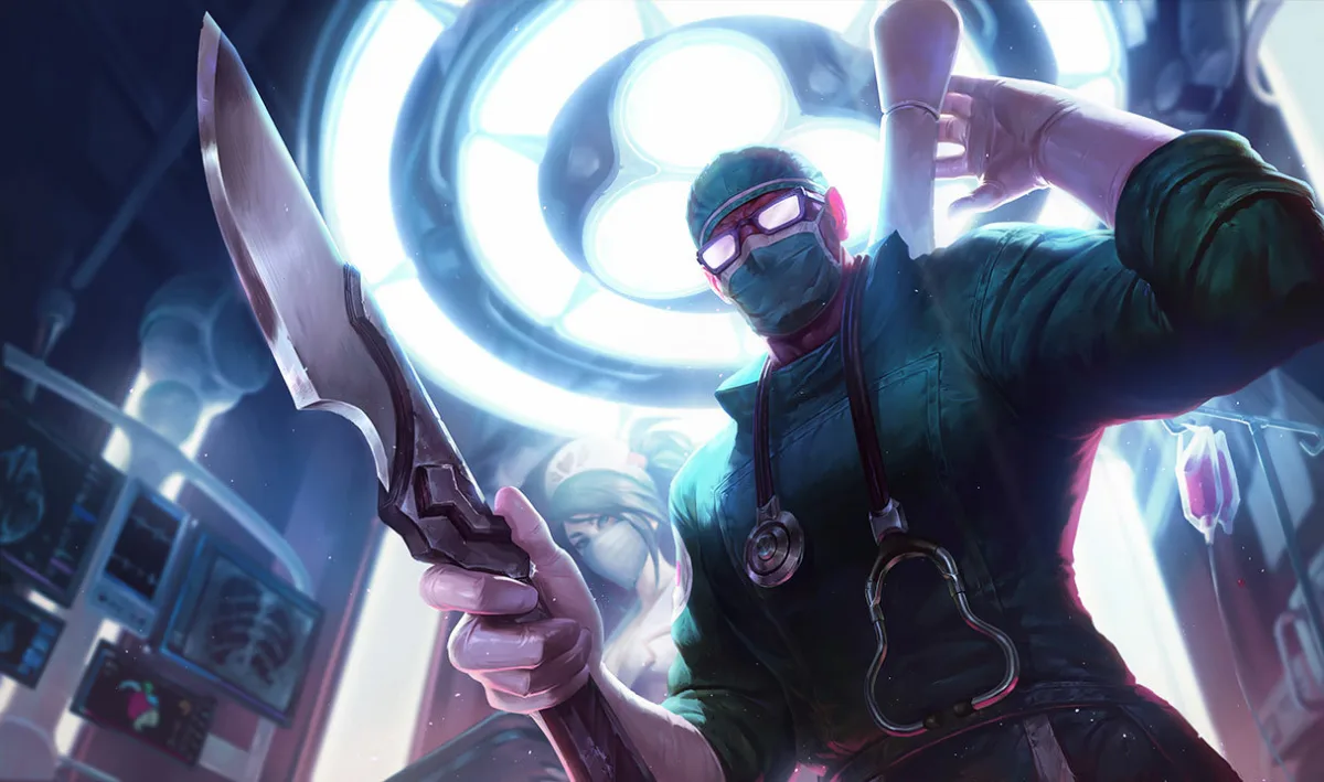 Surgeon Shen in green surgical scrubs, a cap, glasses, gloves, and a medical mask, holding oversized blades beneath an operating light