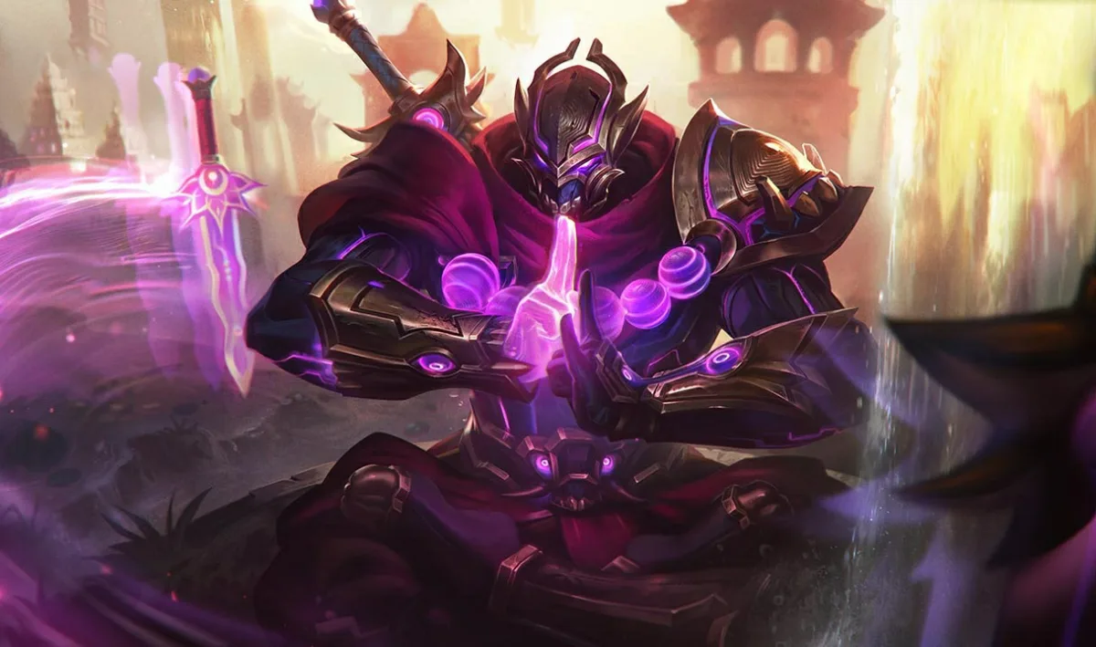 Three Honors Shen seated in meditation, wearing a closed bronze-colored helmet, dark armor and burgundy cloth, with glowing violet beads and a floating blade