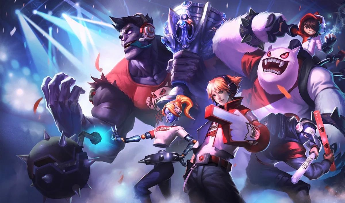 TPA Shen at the lower right of Taipei Assassins' shared splash, wearing team colors and a headset while holding two inflatable cheering sticks