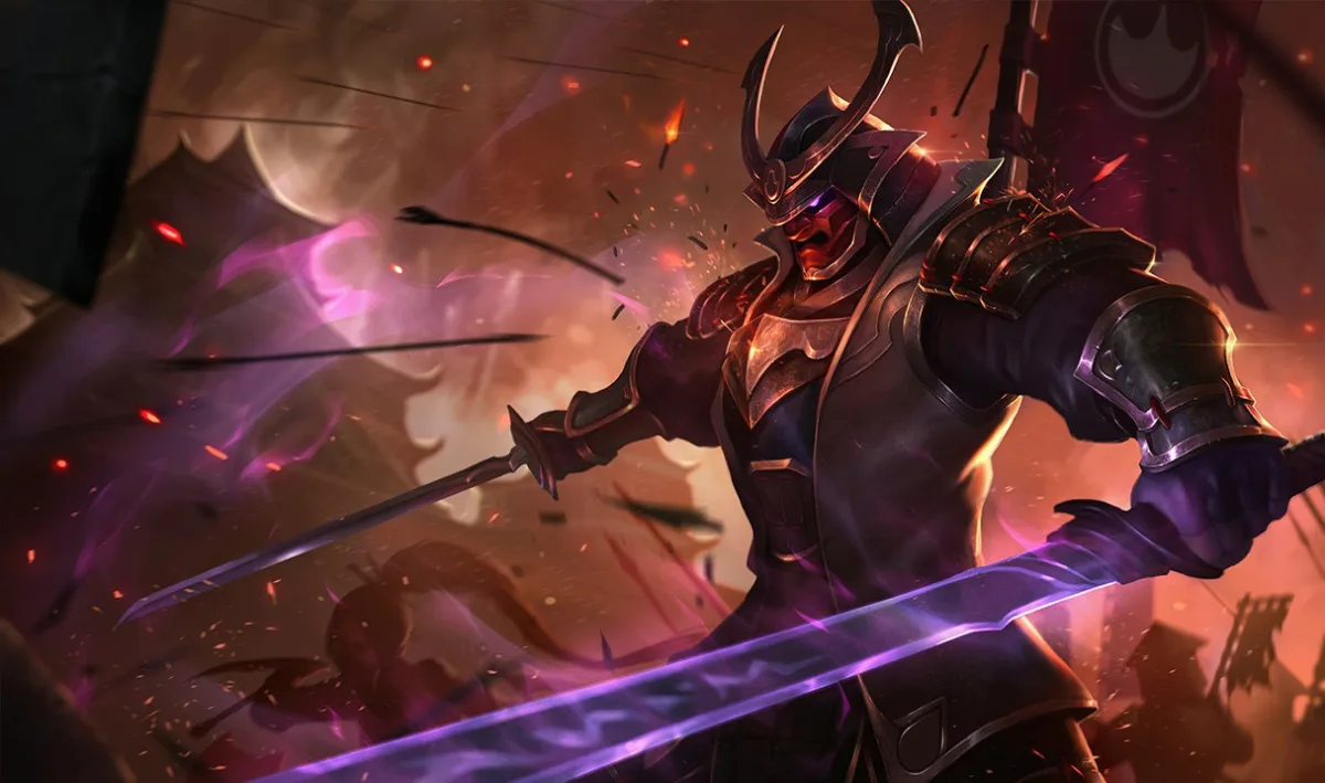 Warlord Shen in layered dark samurai-style armor, a tall crescent helmet, a red face guard, and broad shoulder plates, holding two swords