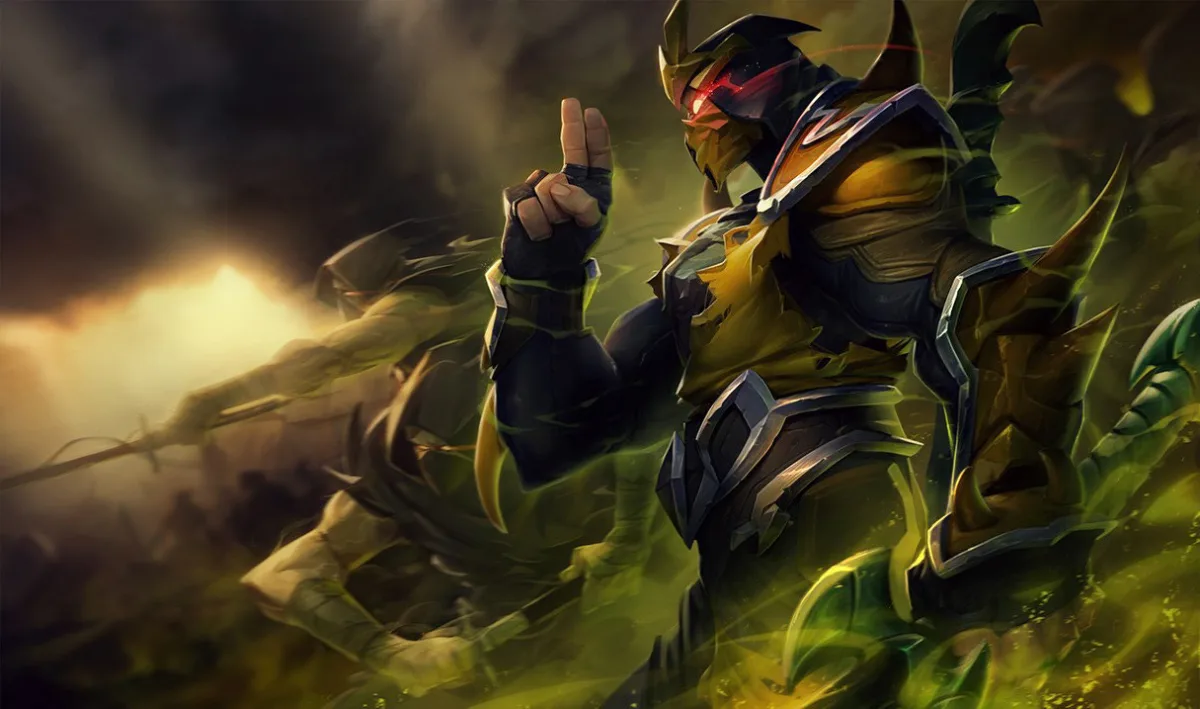 Yellow Jacket Shen in yellow-and-black armor with a sharply pointed helmet, red-lit eyes, and layered yellow cloth