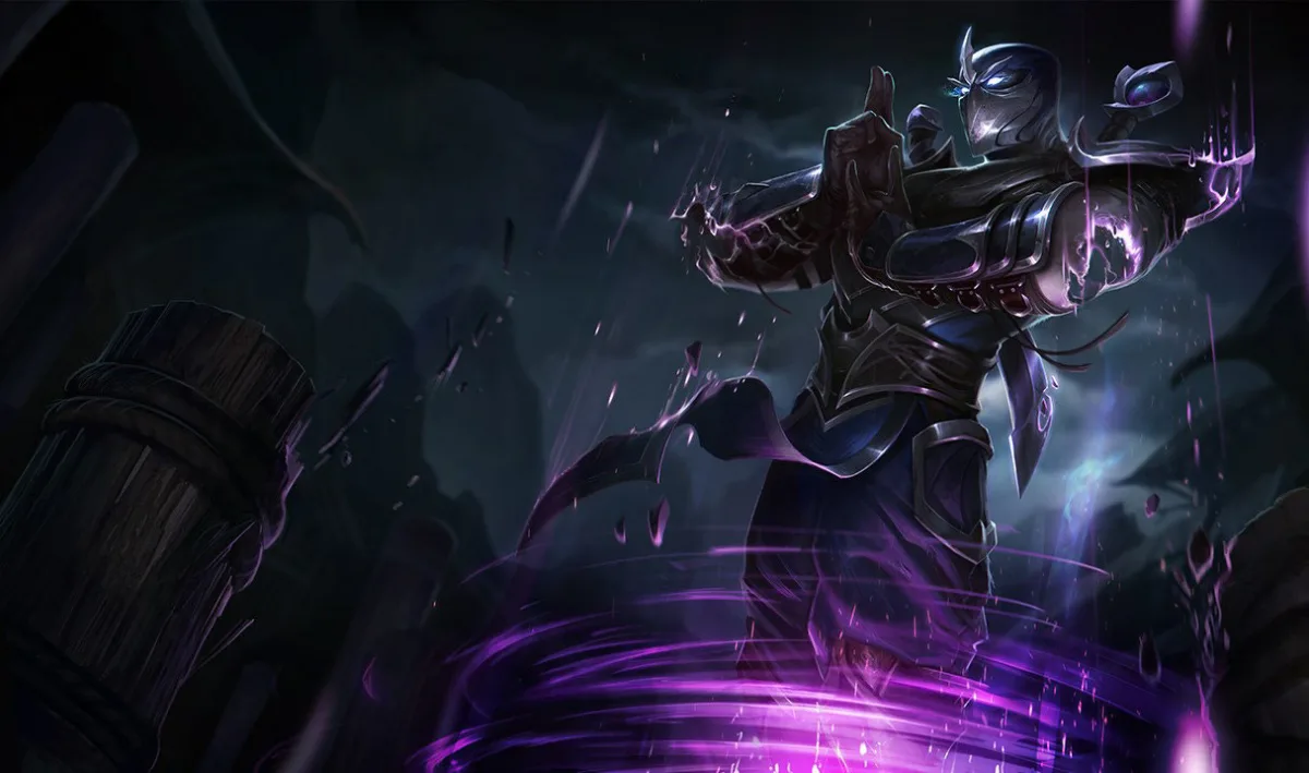 Default Shen in dark blue armor and a full face mask, holding his fingers together as violet energy circles him in a rocky forest