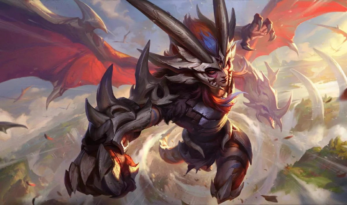 Boneclaw Shyvana leaps with a skull-like helmet and pale claw gauntlets beneath a red-winged dragon.