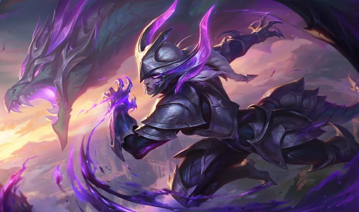 Darkflame Shyvana wears dark angular armor and carries purple claw flames beside a looming dragon.