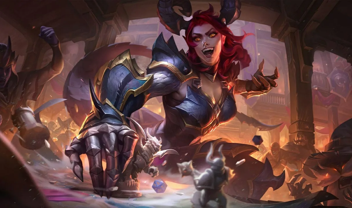 Red-haired Shyvana Ironscale reaches an armored gauntlet across a tabletop covered with small figures and dice.