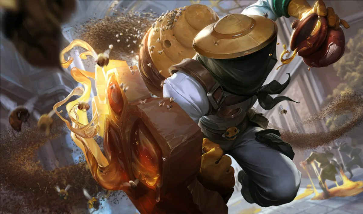 Beekeeper Singed runs with a hive on his back, a honey-covered wooden shield and a dark veil beneath a broad hat