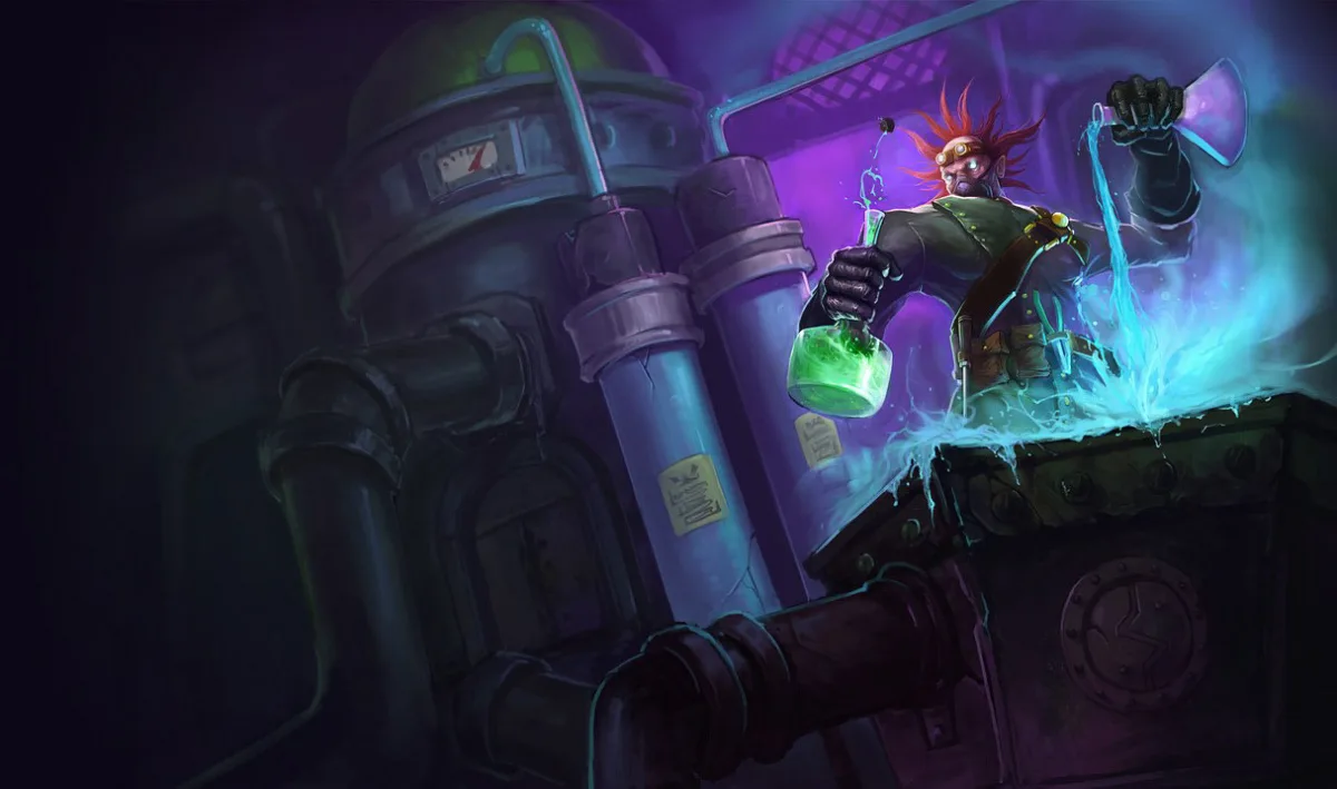 Mad Scientist Singed mixes green and blue liquids with wild orange hair and goggles in a crowded laboratory