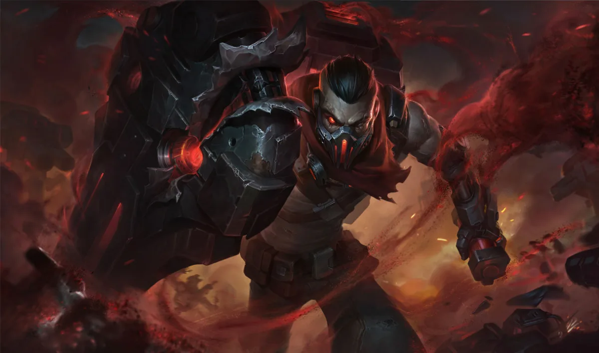 Resistance Singed charges through red-lit wreckage with a black mechanical shield, swept-back hair and a glowing respirator