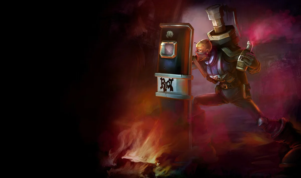 Riot Squad Singed holds a tall police-style shield with Riot branding and carries a canister through a smoke-filled street
