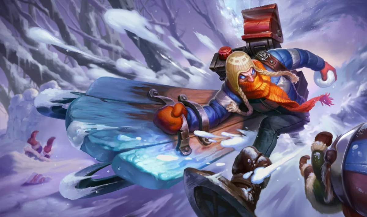 Snow Day Singed carries a frost-covered wooden sled and a snow machine while wearing a blue coat and orange scarf