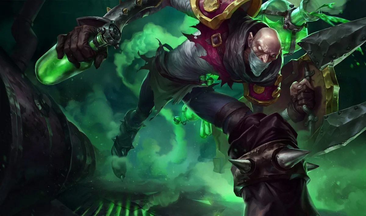 Default Singed charges forward with a spiked shield and green chemical tank, his lower face wrapped in bandages