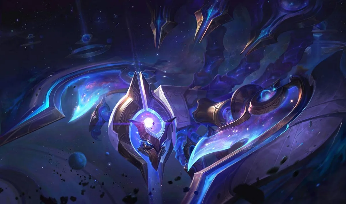 Cosmic Sting Skarner spreads enormous blue and purple claws filled with stars, with a bright orb above his face and three tails behind him.