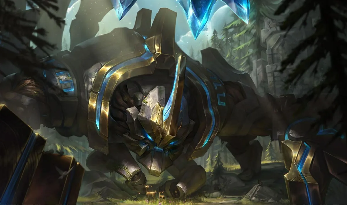 Earthrune Skarner stands among forest ruins with a stone body, gold armor bands, glowing blue runes, and small deer beneath him.