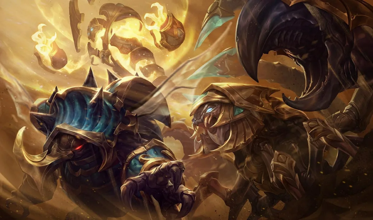 Guardian of the Sands Skarner wears gold armor on the right, with a large curved black claw; Rammus stands on the left and Xerath glows behind them.